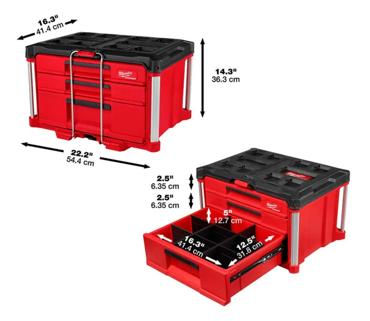 Medidas de la caja PACKOUT Milwaukee 48-22-8447 con especificaciones visuales