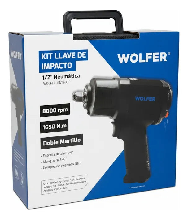 Llave Impacto Neumática Wolfer 1/2 1650 Nm + Kit 17 Pz Pro
