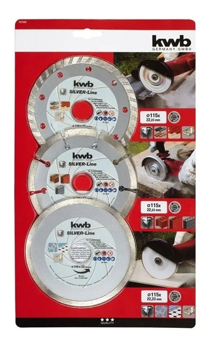 Set 3 Discos Diamantados 115mm Turbo Liso Segmentado Kwb
