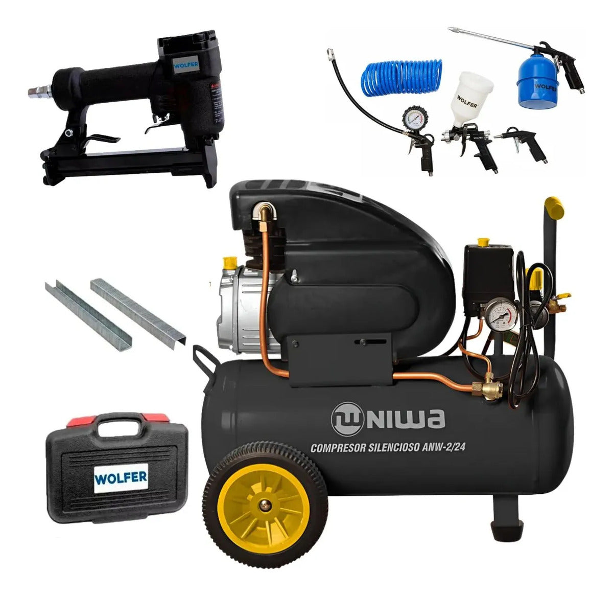 Compresor 24l 2hp + Kit Aire + Clavadora Neumática
