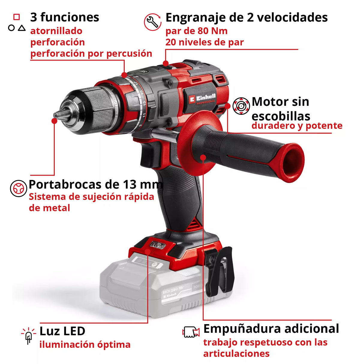 Taladro Percutor Inalámbrico 13 mm 18V Einhell Te-Cd 18/80 Li I Bl Solo