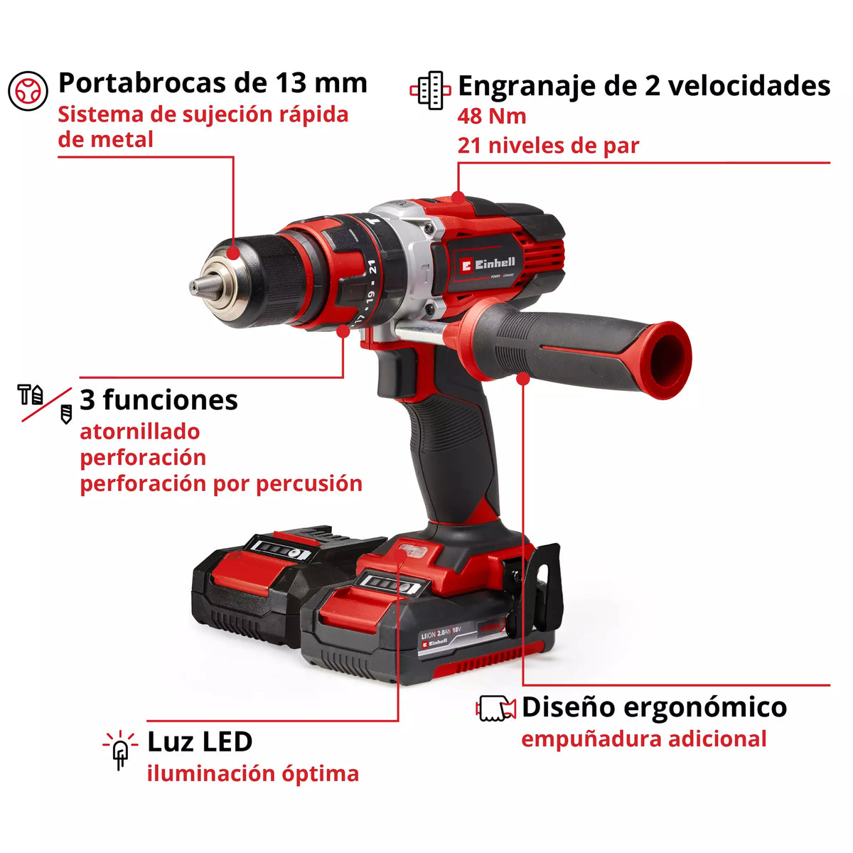 Taladro Percutor Inalámbrico 18V con 2 Baterías 2.0Ah y Maletín - Einhell TE-CD 18/48 Li-i (2x2.0 Ah)