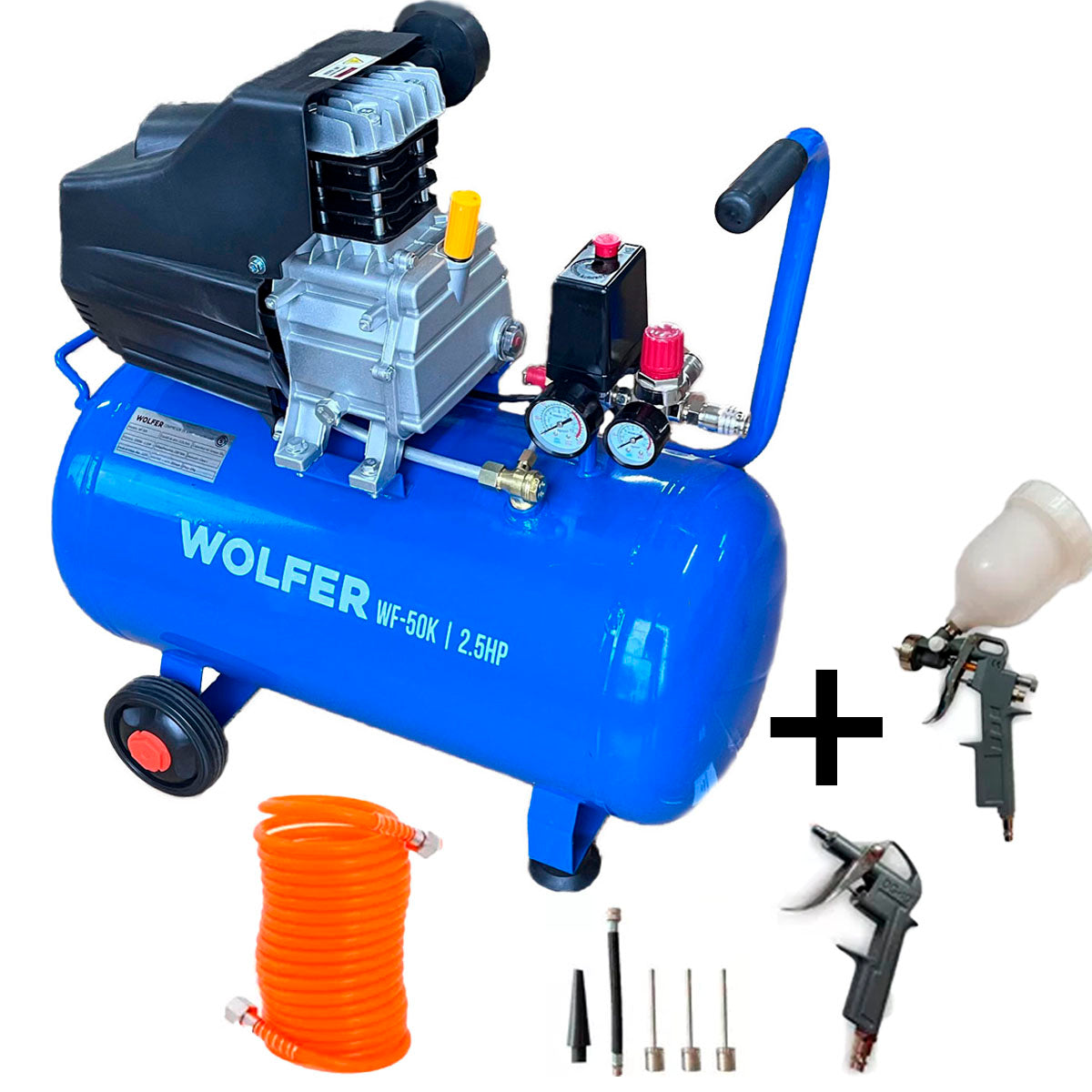 Compresor De Aire 50 Lts 2,5 Hp Doble Salida Acople Rapido Wolfer frente