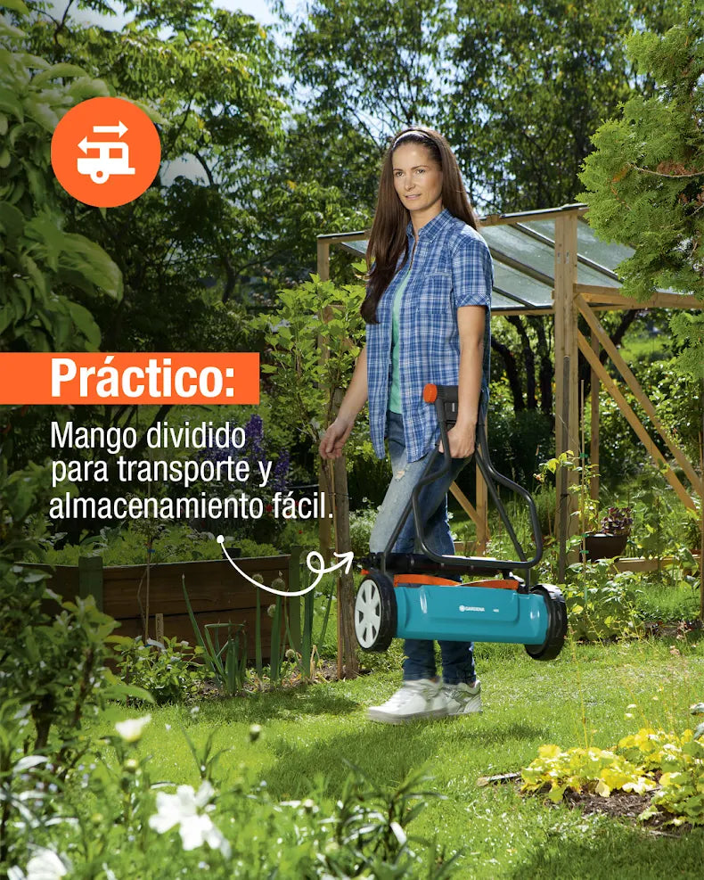 Detalle cortacésped helicoidal Gardena 400 Classic 04018-20 con cilindro antiadherente y cuchilla inferior