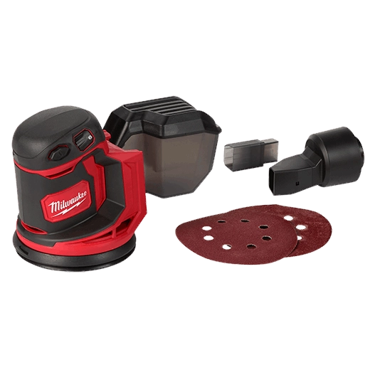 Lijadora orbital Milwaukee M18 con accesorios incluidos y base de lijado