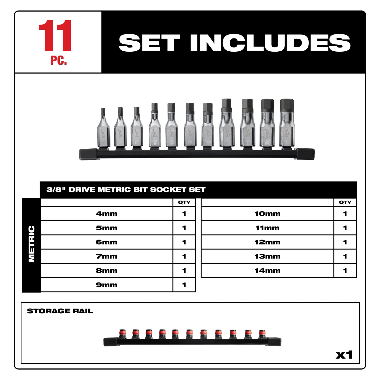 Set de 11 Bocallaves 4-14mm Punta Hexagonal 3/8'' Milwaukee 4822-9543