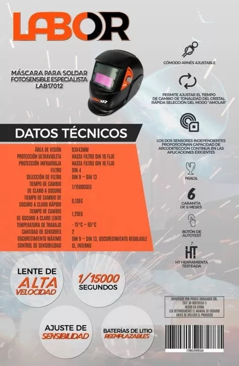Mascara Fotosensible DIN Fijo para Soldar o Amolar LABOR 17013
