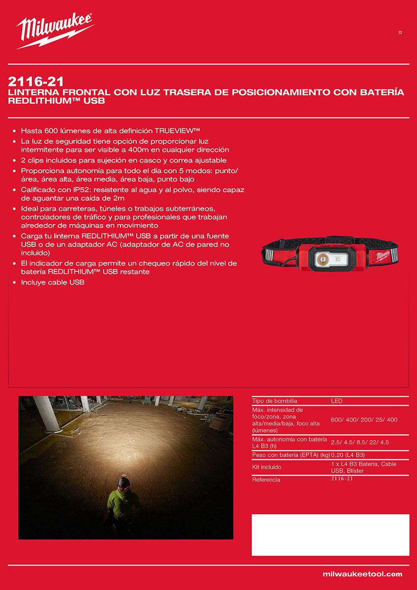 Vincha Linterna LED con USB-C 600 Lm Milwaukee 2116-21