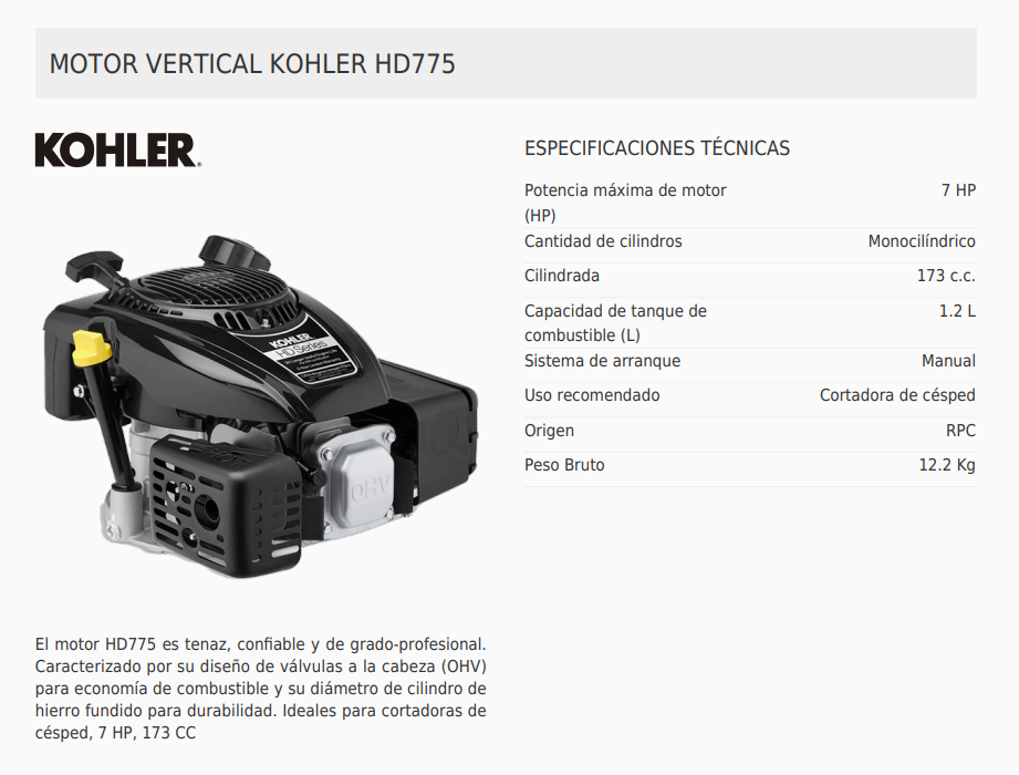 Motor Vertical 7.75 HP 173 cc Kohler HD775