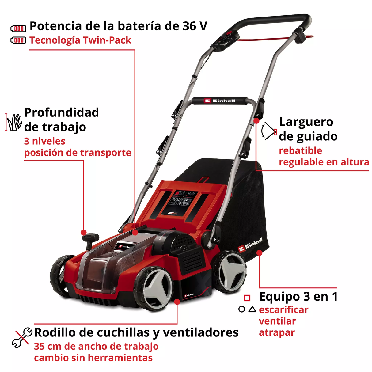Escarificadora Inalám 400m2 de 36v 35cm 28L Einhell GE-SA 36/35 LI SOLO
