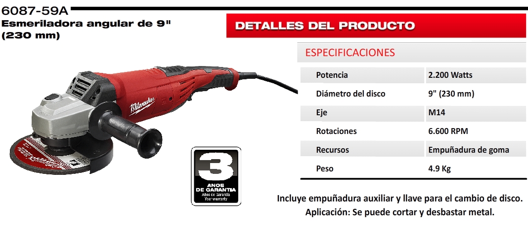 Amoladora Angular 2200w de 9'' (230mm) Milwaukee 6087-59A