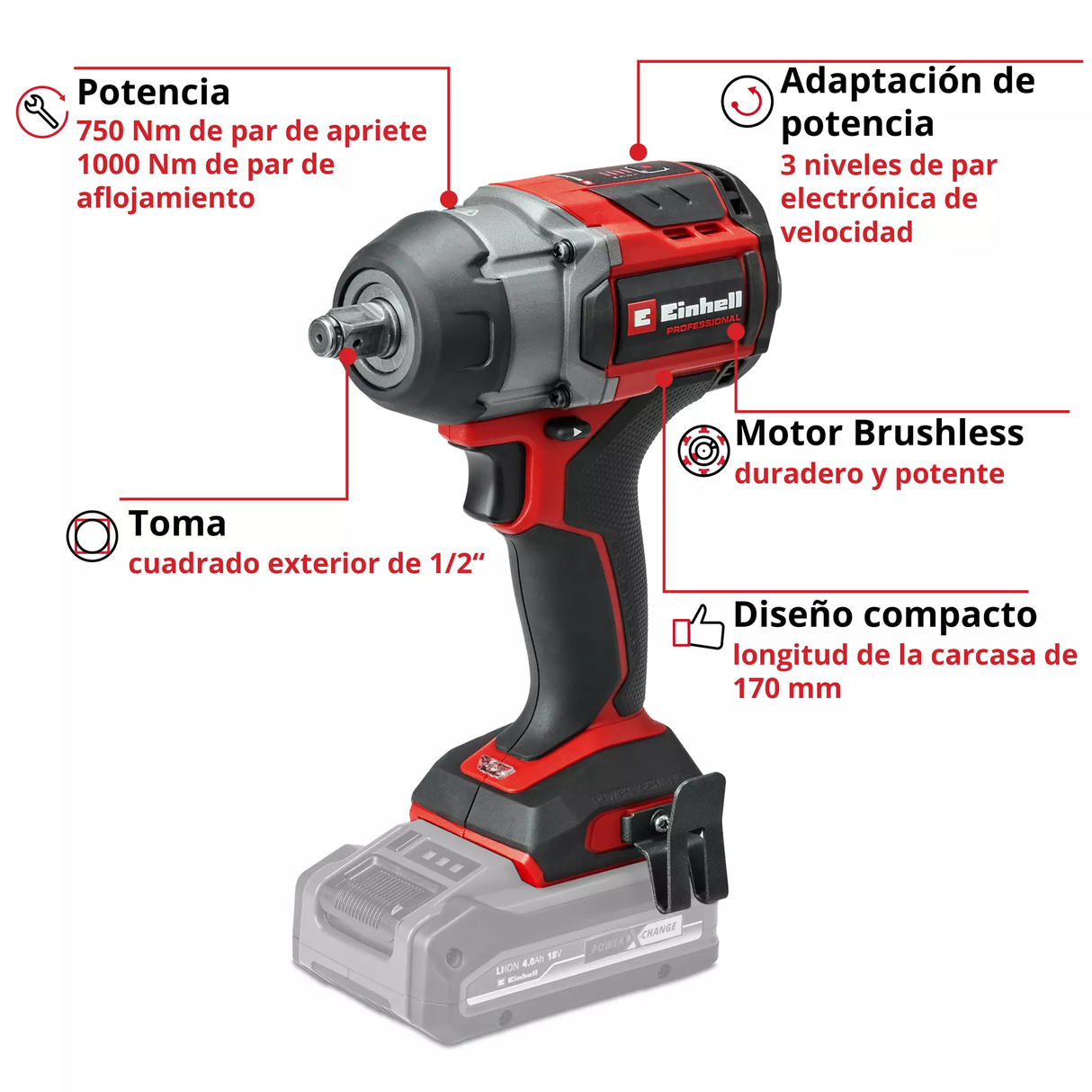 Llave de Impacto 1/2'' Inalám 1000 Nm Einhell TP-CW 18/750 C Li BL SOLO