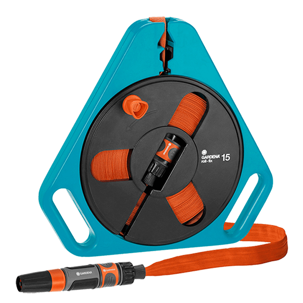 Portamangueras Sin Ruedas Rollfix Classic con Manguera Plana Textil de 15 m y Accesorios con Lanza Gardena 00756-20