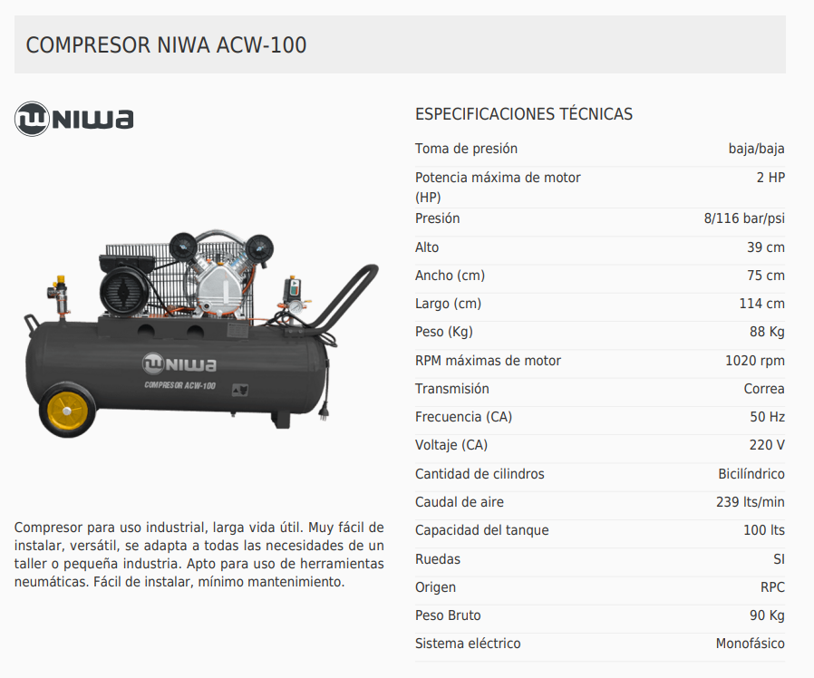 Compresor De Aire 2 Hp 100 Litros 220v Niwa Acw 100