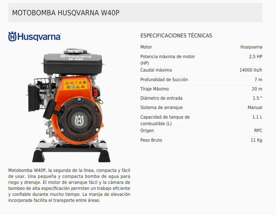 Motobomba 2.5hp 1.5 7mts W40p Mafacha Husqvarna W40P