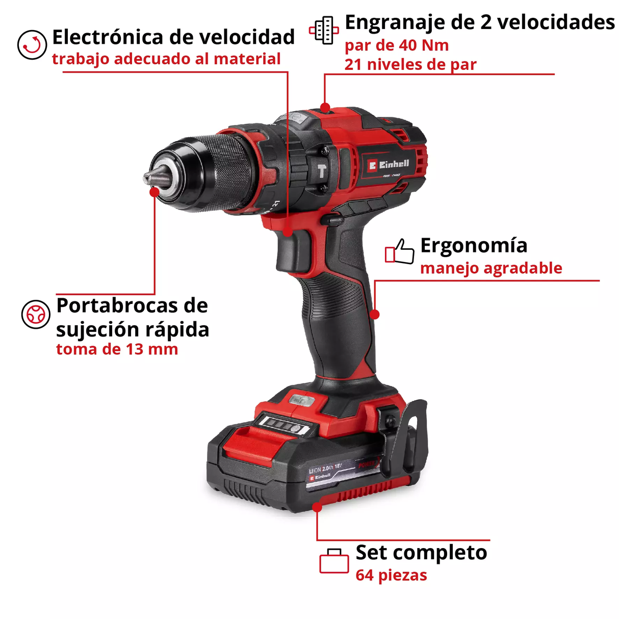 Taladro Impacto Inalambrico Einhell Te-cd 18/40 Li I 64 Pzas