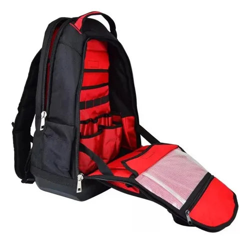 Mochila Milwaukee 4822-8200 abierta mostrando compartimentos internos - organización profesional de herramientas