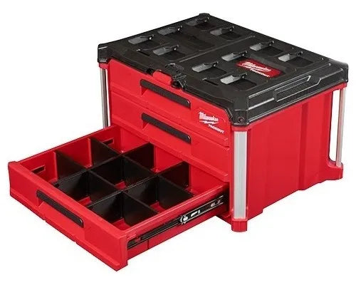 Sistema almacenamiento Milwaukee PACKOUT cajones abiertos con divisores ajuste rápido organización herramientas