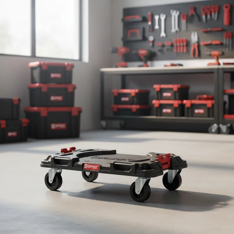 Detalle de ruedas giratorias resistentes de la plataforma Qbrick Pro 100kg