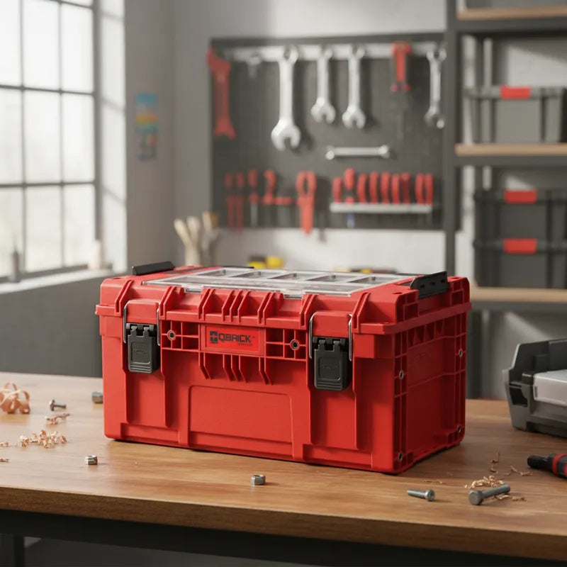 Caja Qbrick Prime 250 con tapa organizadora abierta mostrando compartimentos superiores para accesorios