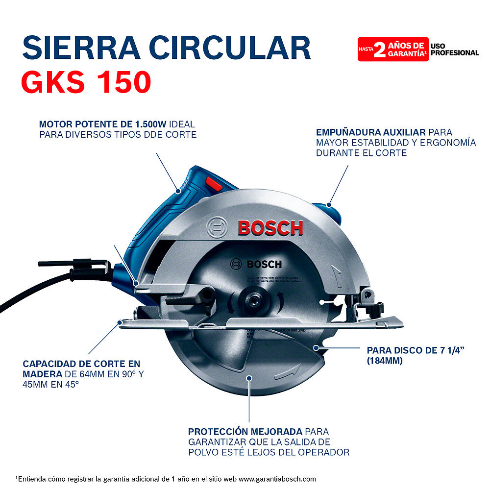 Sierra Circular Bosch GKS 150 1500W 220V con disco y bolso