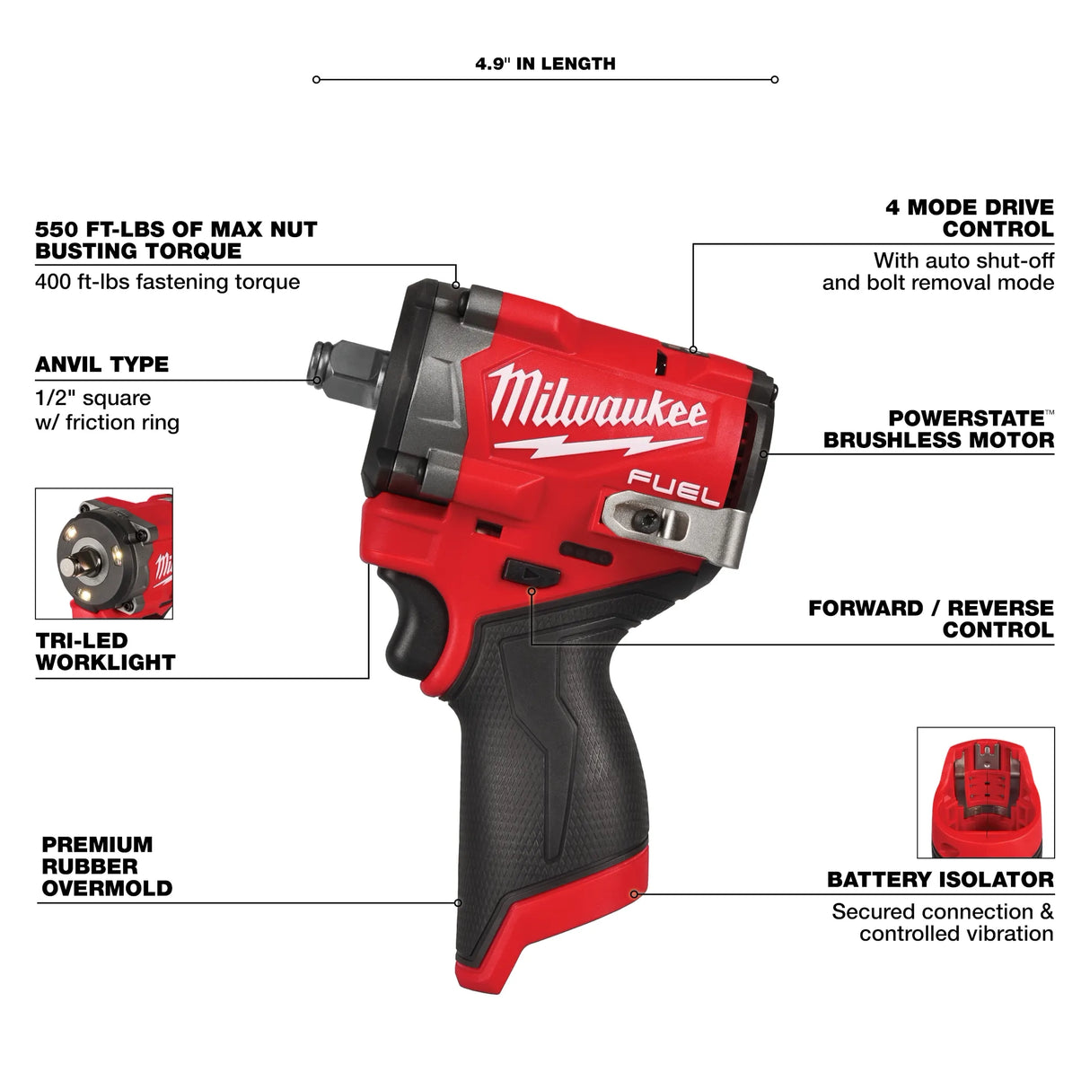 Llave de Impacto 1/2" M12 Compacta Fuel Stubby Milwaukee 2563-20 (S/Bat)