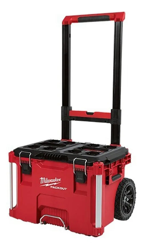 Caja de herramientas PACKOUT Milwaukee 48-22-8447 vista frontal con manija elevada para transporte cómodo.