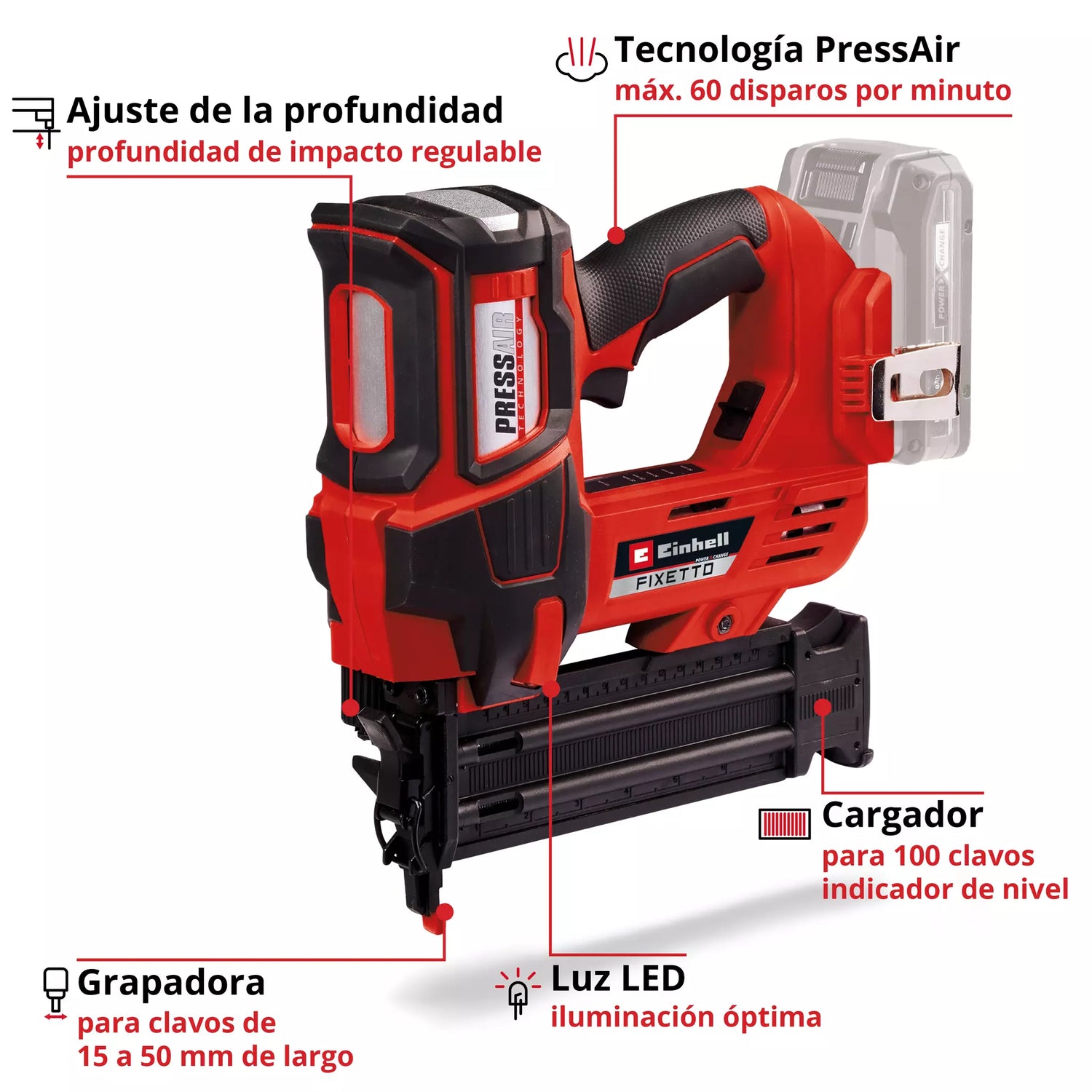Especificaciones técnicas Einhell Fixetto - capacidad clavos 18-50mm, potencia profesional