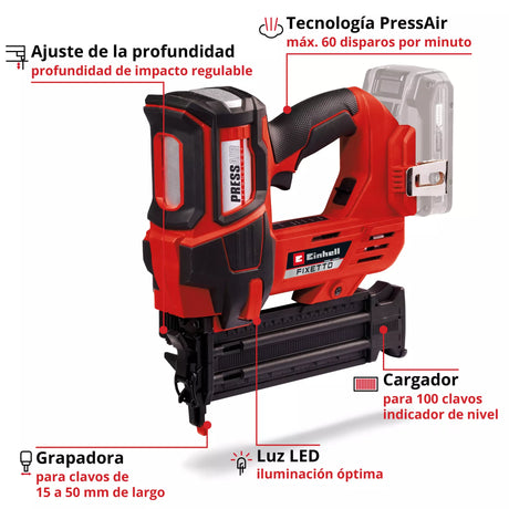 Especificaciones técnicas Einhell Fixetto - capacidad clavos 18-50mm, potencia profesional