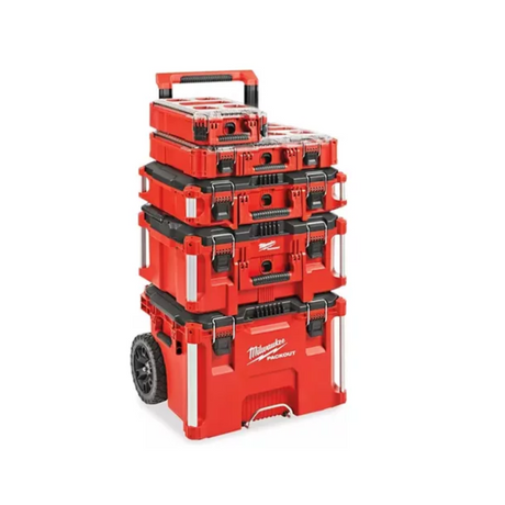 Combo torre modular de 5 cajas de herramientas Packout Milwaukee, alta resistencia para almacenamiento y transporte profesional.