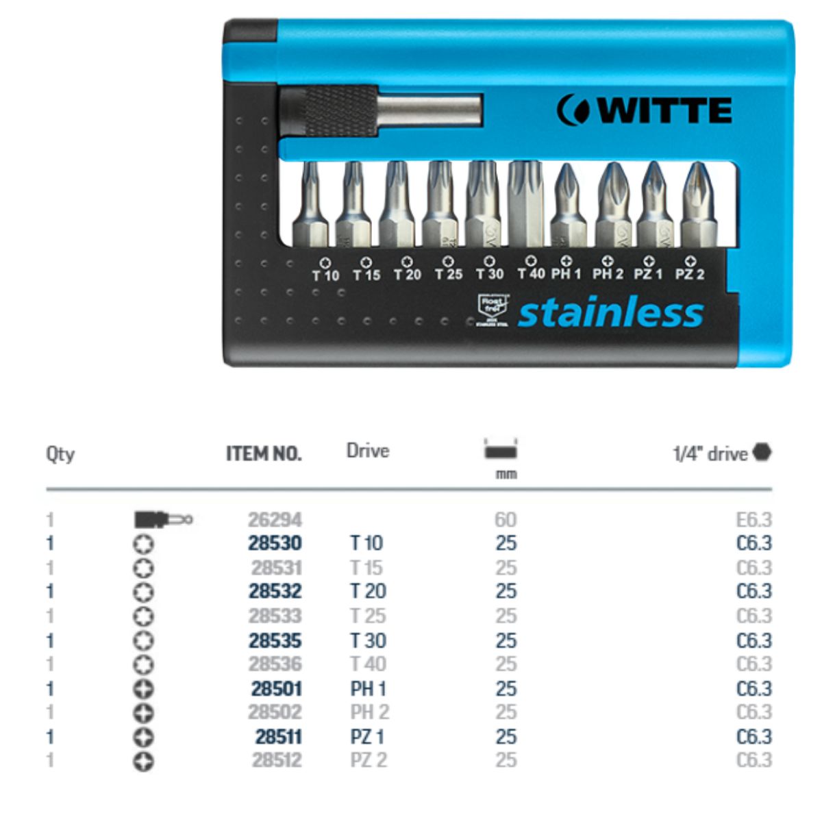 Juego de 10 puntas +  trinquete WITTE Diseño plano y compacto contenido