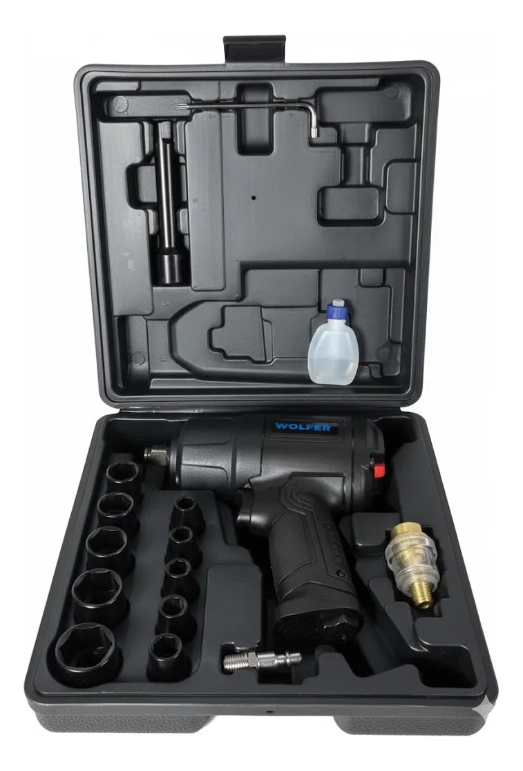 Llave Impacto Neumática Wolfer 1/2 1650 Nm + Kit 17 Pz Pro