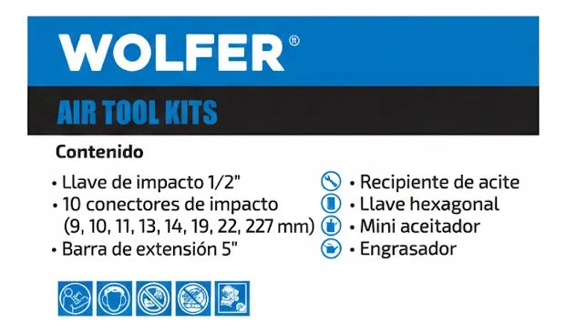 Llave Impacto Neumática Wolfer 1/2 1650 Nm + Kit 17 Pz Pro