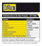 Hidrolavadora Eléctrica Bta Bt140r 400w Con 110bar informacion 