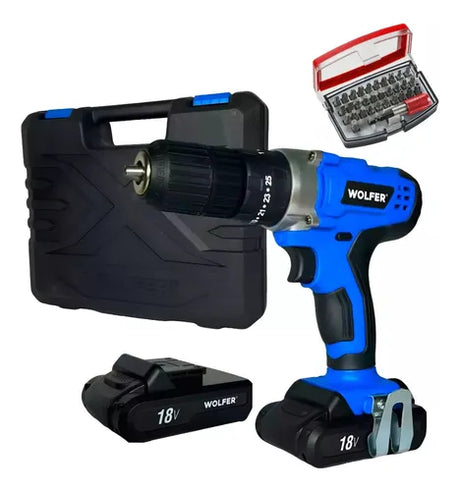 Taladro Percutor Atornillador Inalambrico Wolfer + Puntas
