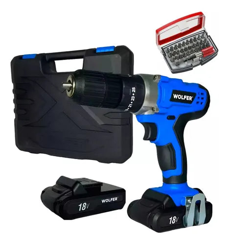 Taladro Percutor Atornillador Inalambrico Wolfer + Puntas