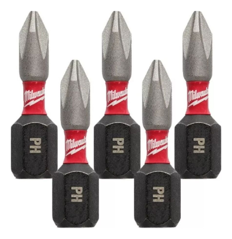 5 Puntas Cortas Imantadas Impacto PH2 25mm 1/4'' Milwaukee 4832-4601 1