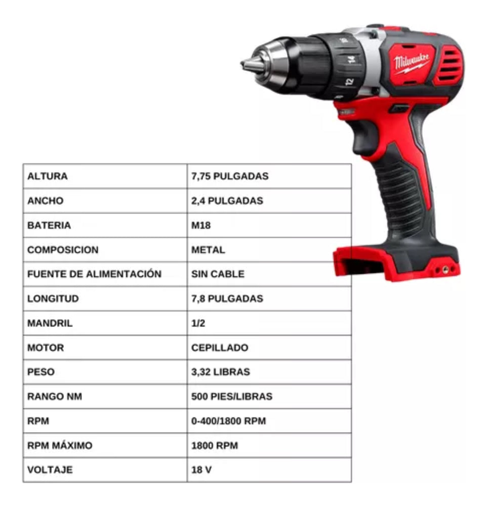 Taladro Atornillador 56 Nm 13mm de 4 Carbones M18 Milwaukee 2606-20 2