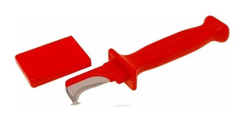 Cuchillo pelacables curvo aislado para trabajos eléctricos, fabricado en acero CrV, con recubrimiento de poliamida y fibra de vidrio, diseñado para seguridad en tensiones de hasta 1 kV.