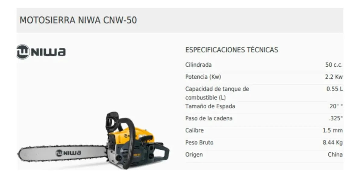 Motosierra Niwa Cnw-50 50cc Espada 50cm + Aceite