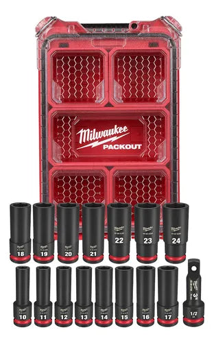 Juego de tubos bocallaves Milwaukee 1/2" Packout con 16 piezas, maletín resistente, herramientas de impacto, diseño ergonómico, almacenamiento organizado.