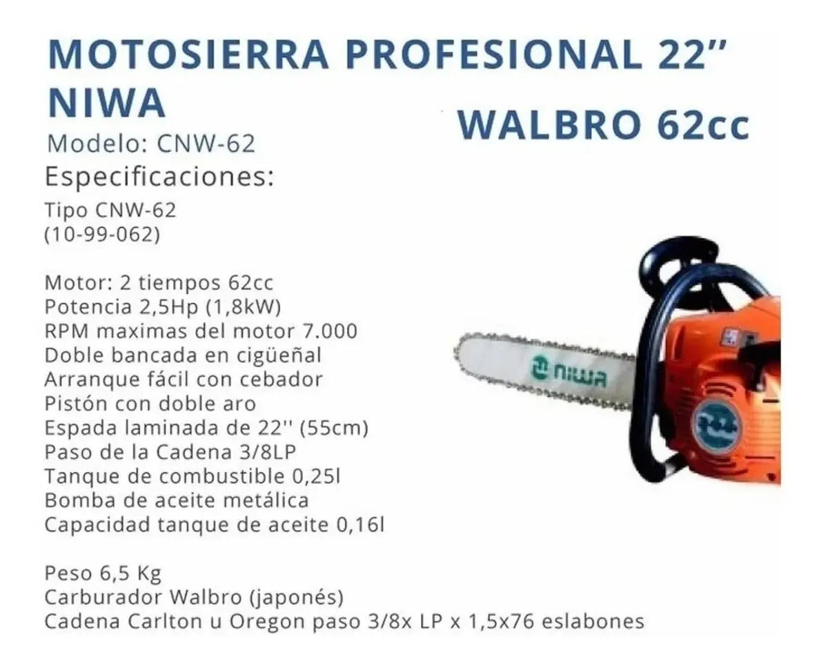 Motosierra Niwa Cnw-62 62cc Espada 55 Cm + Aceite