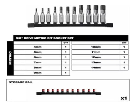 Set de 11 Bocallaves 4-14mm Punta Hexagonal 3/8'' Milwaukee 4822-9543 3