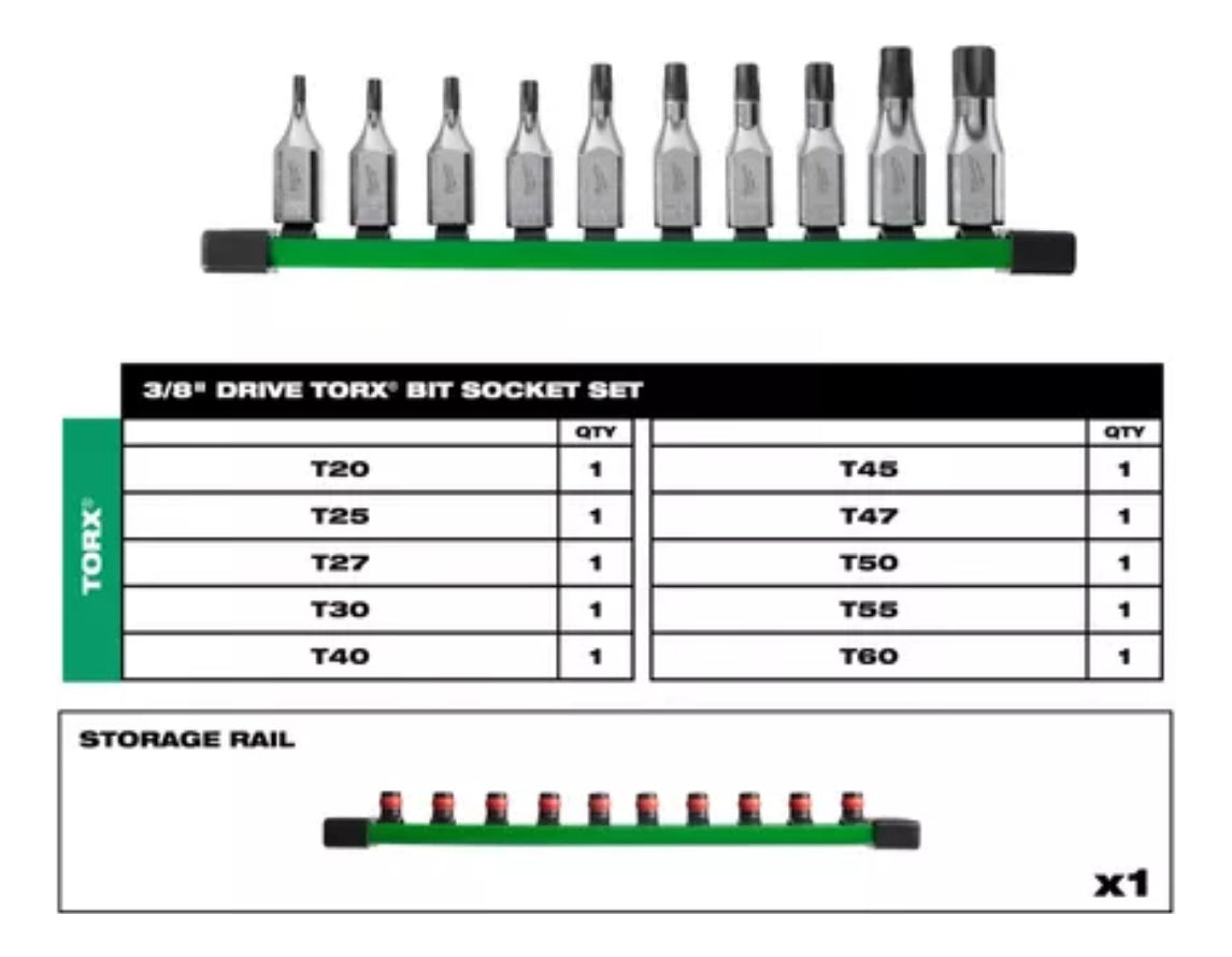 Set 10 Bocallaves de T20-T60 Punta Torx 3/8'' Milwaukee 4822-9531 2