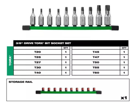 Set 10 Bocallaves de T20-T60 Punta Torx 3/8'' Milwaukee 4822-9531 2