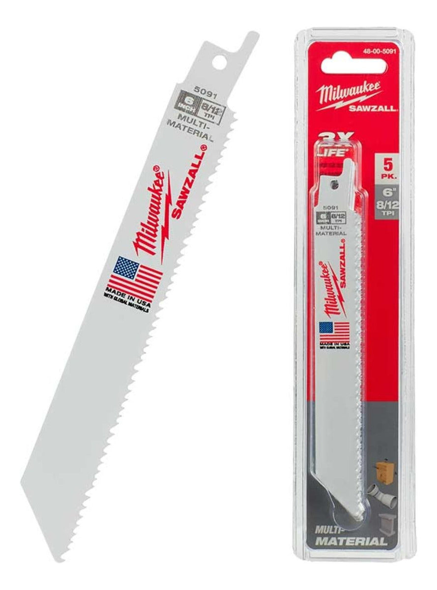 Blister 5 Hojas de Sierra Sable Multi-Material 6'' y 8/12 Dpi Milwaukee 4800-5091 2