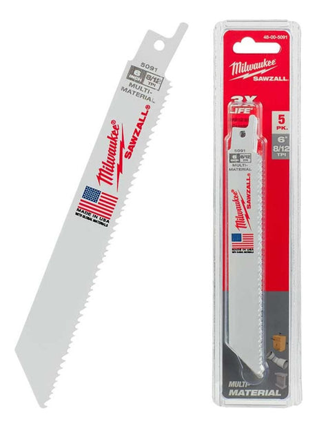 Blister 5 Hojas de Sierra Sable Multi-Material 6'' y 8/12 Dpi Milwaukee 4800-5091 2