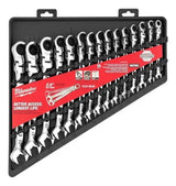 Juego de llaves combinadas y crique Milwaukee de 15 piezas, modelo 48-22-9513, con diseño ergonómico y acabado duradero.