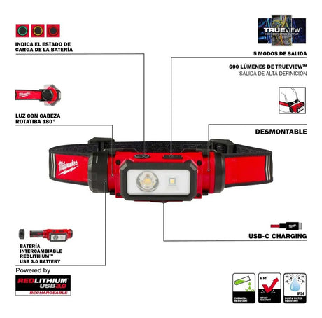 Vincha Linterna LED USB-C 600Lm Milwaukee 2163-21 2