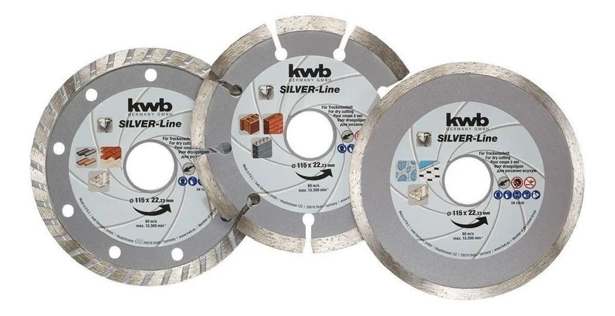 Set 3 Discos Diamantados 115mm Turbo Liso Segmentado Kwb